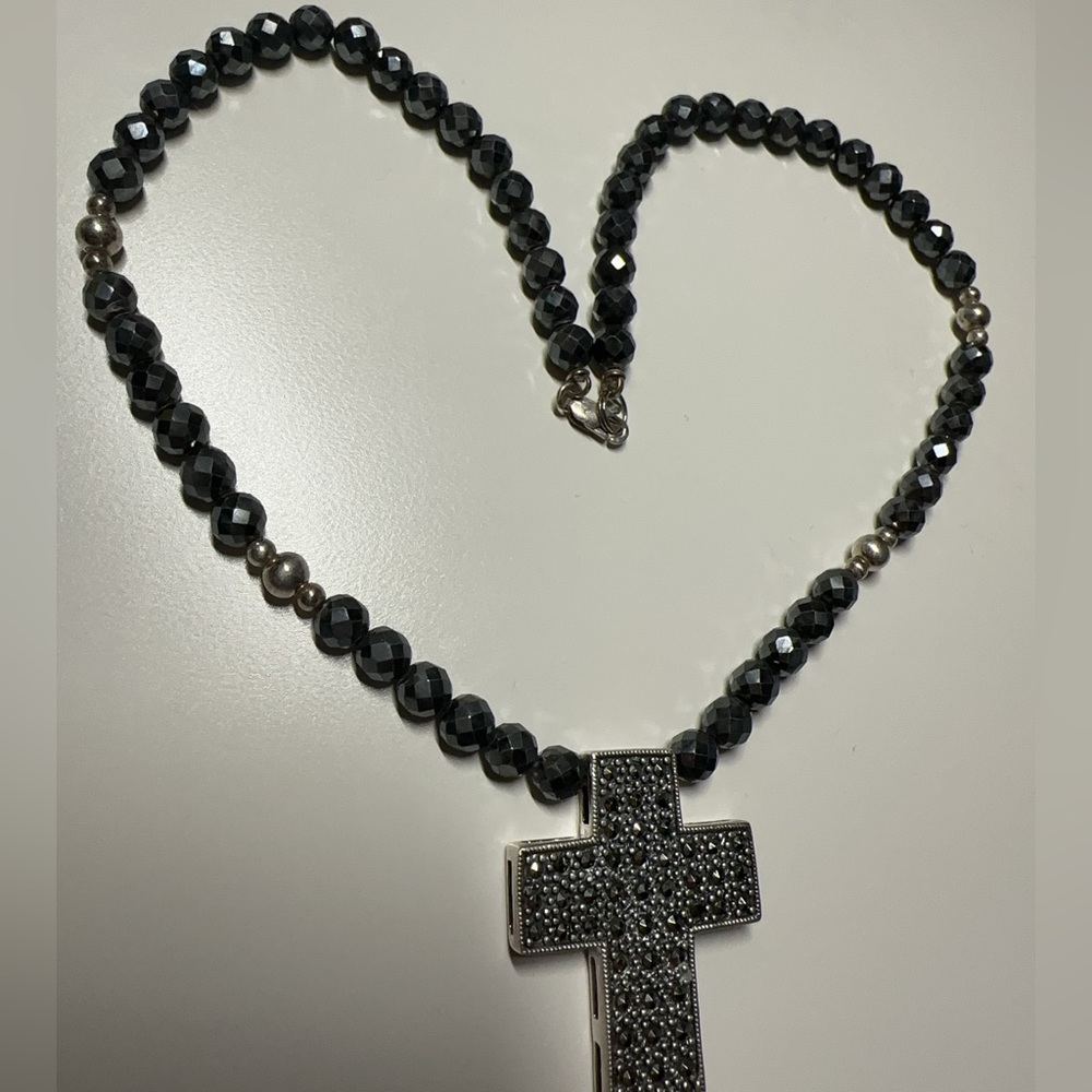 Heavy Statement 925 Sterling Silver Black CZ Cross Pendant Necklace